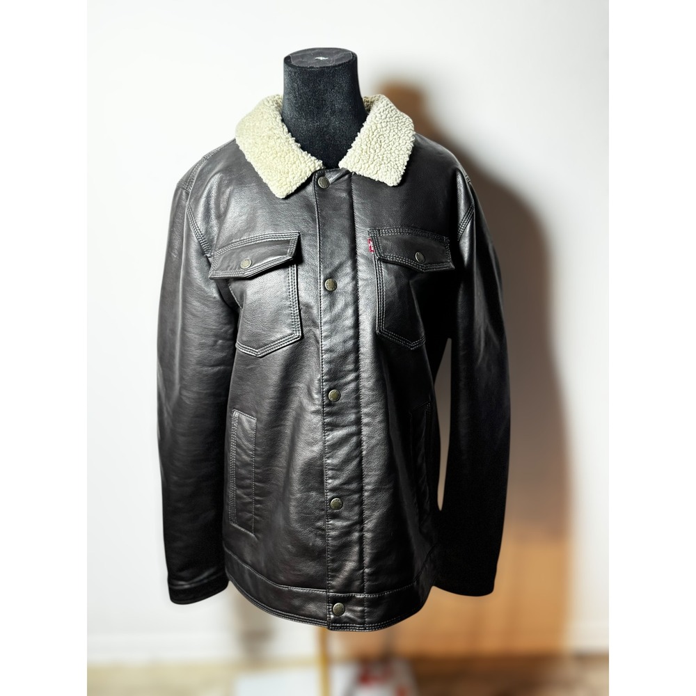 Levi Strauss Co Mens Faux‎ Leather Sherpa Lined Trucker Jacket Dark Brown Size M